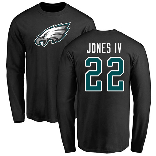 Men Philadelphia Eagles #22 Sidney Jones Black Name and Number Logo Long Sleeve NFL T Shirt